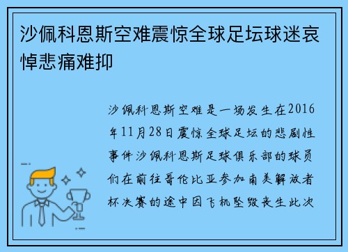 沙佩科恩斯空难震惊全球足坛球迷哀悼悲痛难抑 沙佩科恩斯空难震惊全球足坛球迷哀悼悲痛难抑