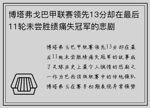 博塔弗戈巴甲联赛领先13分却在最后11轮未尝胜绩痛失冠军的悲剧 博塔弗戈巴甲联赛领先13分却在最后11轮未尝胜绩痛失冠军的悲剧